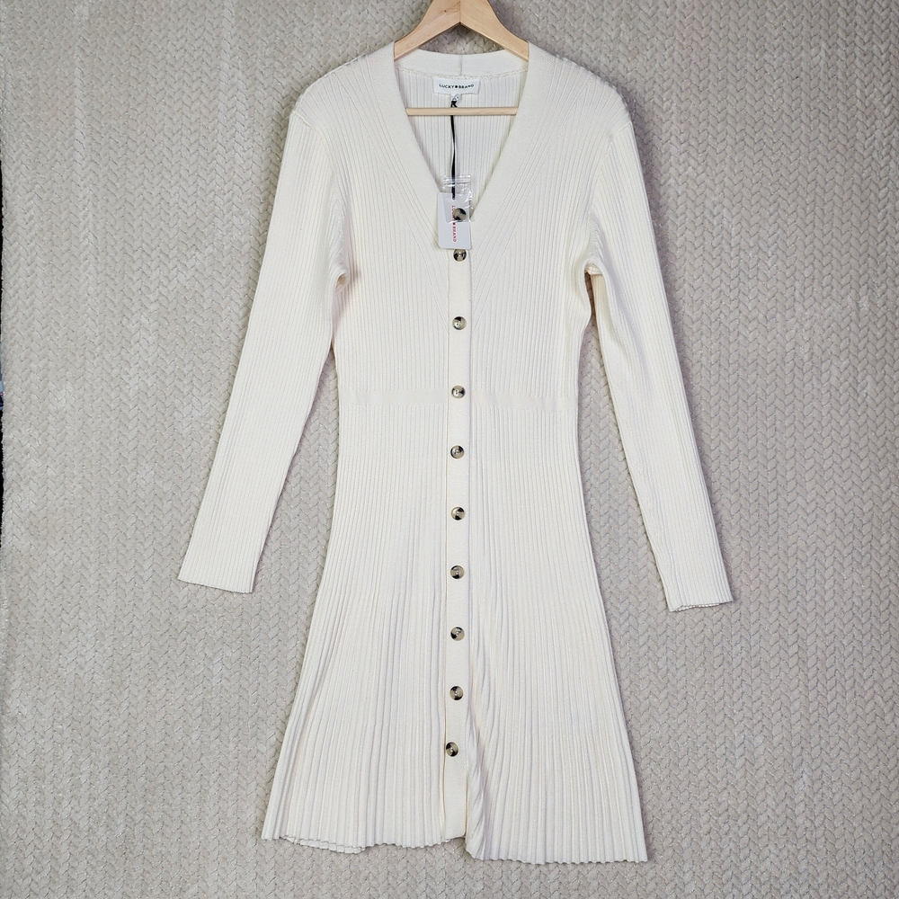 Lucky Brand Dress Womens Large Ivory Ribbed Knit Long Sleeve Body Con Dress NWT